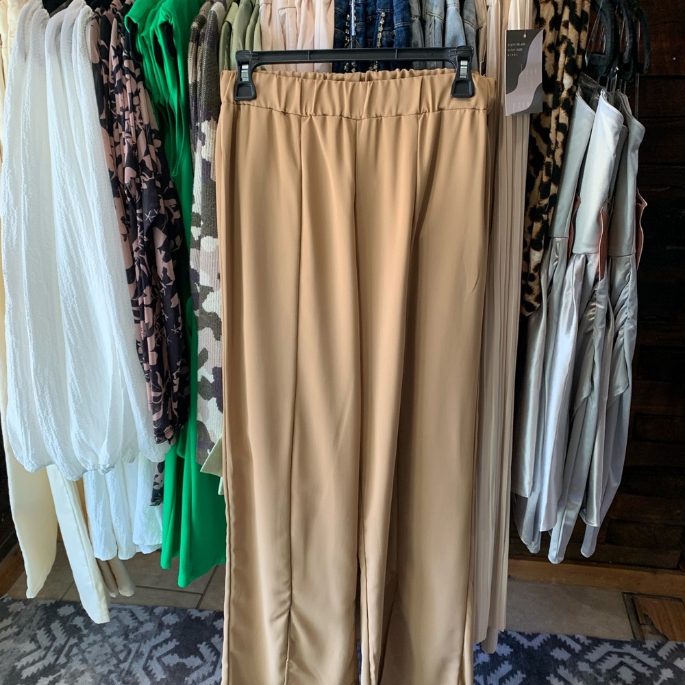 Tan Wide-Leg Trousers with Elastic Waistband